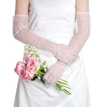 Mifengda Pearl Tulle Wedding Gloves - Long, Elbow Length, White, Mesh, 1920s Costume & Party Gloves for Brides & Women