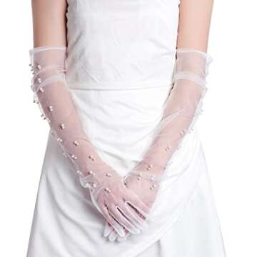 Mifengda Pearl Tulle Wedding Gloves - Long, Elbow Length, White, Mesh, 1920s Costume & Party Gloves for Brides & Women