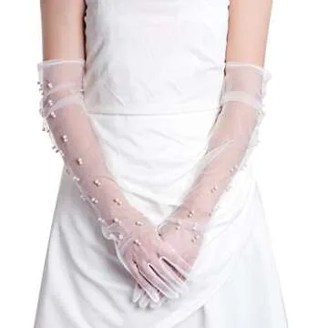 Mifengda Pearl Tulle Wedding Gloves - Long, Elbow Length, White, Mesh, 1920s Costume & Party Gloves for Brides & Women