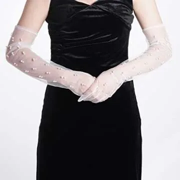 Mifengda Pearl Tulle Wedding Gloves - Long, Elbow Length, White, Mesh, 1920s Costume & Party Gloves for Brides & Women