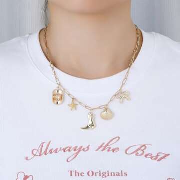 Dckazz Coastal Cowgirl Charm Necklace Choker Gold Shell Starfish Beach Charm Necklace Trendy Summer Jewelry for Women