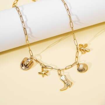 Dckazz Coastal Cowgirl Charm Necklace Choker Gold Shell Starfish Beach Charm Necklace Trendy Summer Jewelry for Women