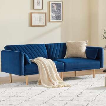 WILLOVE 78'' Velvet Futon Sofa Bed, Convertible Sleeper Bed with Adjustable Armrests and Backrest, Loveseat Sleeper Sofa with 2 Pillows, Modern Futon Couches for Living Room, Blue