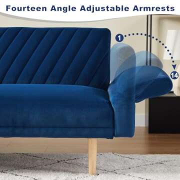 WILLOVE 78'' Velvet Futon Sofa Bed, Convertible Sleeper Bed with Adjustable Armrests and Backrest, Loveseat Sleeper Sofa with 2 Pillows, Modern Futon Couches for Living Room, Blue