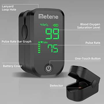 Metene Pulse Oximeter Fingertip, Blood Oxygen Saturation Monitor with Accurate Fast Spo2 Reading Oxygen Meter, Oxygen Monitor with Lanyard and Batteries (Black)