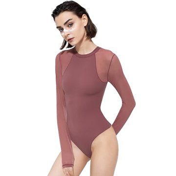 Chic PUMIEY Long Sleeve Mesh Bodysuit for Women Marsala