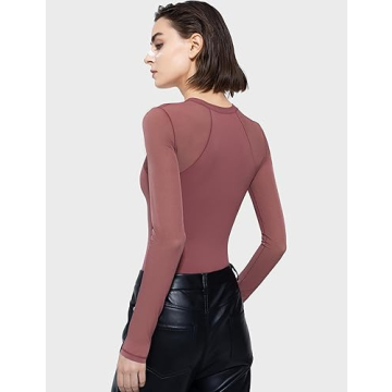 Chic PUMIEY Long Sleeve Mesh Bodysuit for Women Marsala