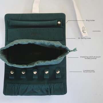 JOIANA | The Jewelry Travel Case | Travel Jewelry Roll | Canvas & Suede Embroidered with Gold Hardware | Case Organizer, Foldable for Earrings, Rings, Necklaces, Bracelets & more.