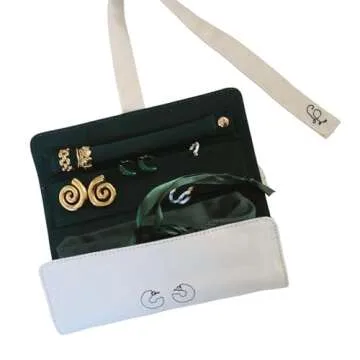 JOIANA | The Jewelry Travel Case | Travel Jewelry Roll | Canvas & Suede Embroidered with Gold Hardware | Case Organizer, Foldable for Earrings, Rings, Necklaces, Bracelets & more.