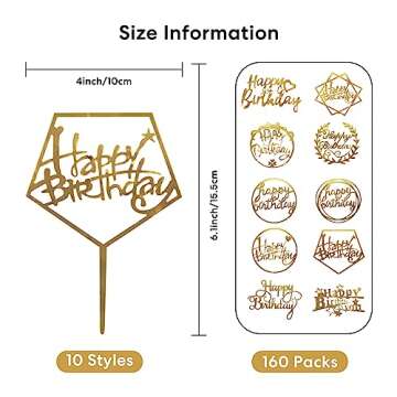 160 Pcs Gold Happy Birthday Cake Toppers Acrylic Cake Topper Glitter Birthday Cake Decorations Double Sided Cake Topper for Children or Adults Various Cake Decoration Party Supplies