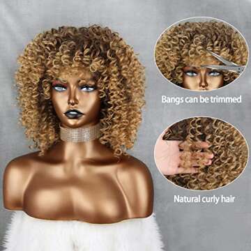 Xinran 14 inch Blonde Curly Wigs 70s, Kinky Brown Mixd Blonde Afro Wigs for Black Women, Synthetic Afro Curly Blonde Wigs for Women (Brown to Blonde)