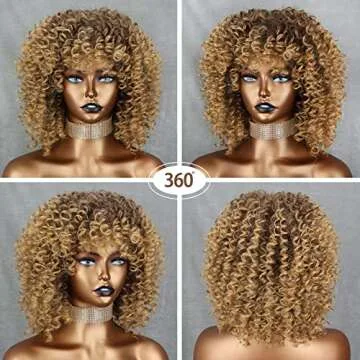 Xinran 14 inch Blonde Curly Wigs 70s, Kinky Brown Mixd Blonde Afro Wigs for Black Women, Synthetic Afro Curly Blonde Wigs for Women (Brown to Blonde)