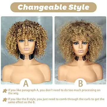 Xinran 14 inch Blonde Curly Wigs 70s, Kinky Brown Mixd Blonde Afro Wigs for Black Women, Synthetic Afro Curly Blonde Wigs for Women (Brown to Blonde)