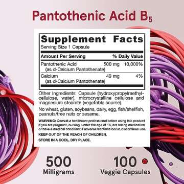 Jarrow Formulas Pantothenic Acid B5 500 mg, Dietary Supplement, Vitamin B5 for Adrenal Hormone Support and Cellular Energy Metabolism, 100 Veggie Capsules, 100 Day Supply