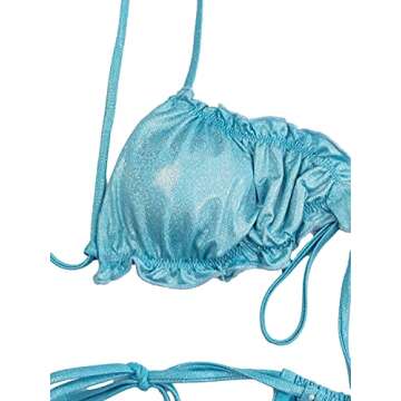 Lilosy Sexy Ribbed String Thong Brazilian Bikini Swimsuit Set for Women Side Tie Bottom and Knotted Front Triangle Top Bathing Suit 2 Two Piece Glitter Blue Small