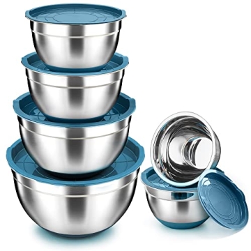 TeamFar Mixing Bowls Set with Lids - 6 Sizes Blue Stainless Steel