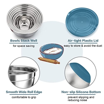 TeamFar Mixing Bowls Set with Lids - 6 Sizes Blue Stainless Steel