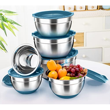 TeamFar Mixing Bowls Set with Lids - 6 Sizes Blue Stainless Steel
