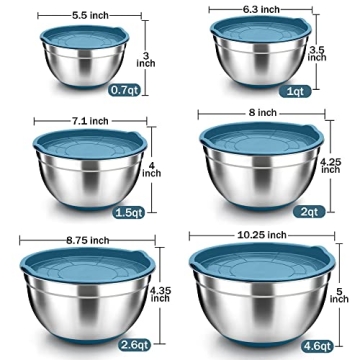 TeamFar Mixing Bowls Set with Lids - 6 Sizes Blue Stainless Steel
