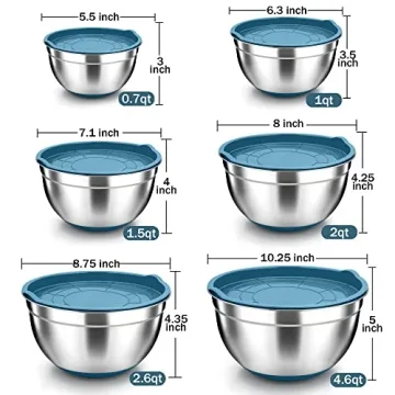 TeamFar Mixing Bowls Set with Lids - 6 Sizes Blue Stainless Steel