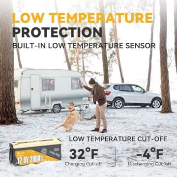 Power Queen 12V200Ah PLUS Low-Temp Cut-off LiFePO4 Battery, Built-in 200A BMS, Max.2560W Load Power, Rechargeable Deep Cycle Battery for Trolling Motor, RV Camping, Off-grid Application