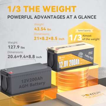 Power Queen 12V200Ah PLUS Low-Temp Cut-off LiFePO4 Battery, Built-in 200A BMS, Max.2560W Load Power, Rechargeable Deep Cycle Battery for Trolling Motor, RV Camping, Off-grid Application