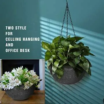 wiwoo Hanging Planters for Indoor Plants, 10 Inch Hanging Basket Flowers Pot with Drainage Hole and Plugs for Outdoor Balcony Patio House Garden Decoration Set of 2, Marble Pattern - Gray