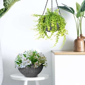 wiwoo Hanging Planters for Indoor Plants, 10 Inch Hanging Basket Flowers Pot with Drainage Hole and Plugs for Outdoor Balcony Patio House Garden Decoration Set of 2, Marble Pattern - Gray