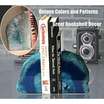 AMOYSTONE Agate Geode Bookends Heavy Duty Stone Book Ends Decorative Bookend Holder Home Office Deco...