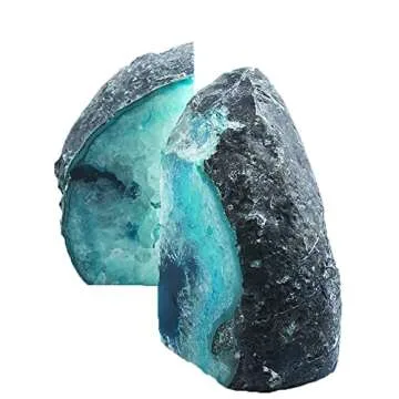 AMOYSTONE Agate Geode Bookends Heavy Duty Stone Book Ends Decorative Bookend Holder Home Office Decor with Rubber Bumpers Teal 1 Pair, 2-3 LBS