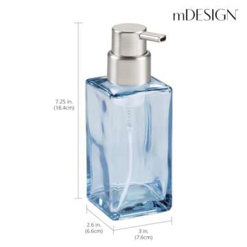 mDesign Modern Square Glass Refillable Foaming Hand Soap Dispenser Pump Bottle for Bathroom Vanities or Kitchen Sink, Countertops - Navy Blue/Brushed