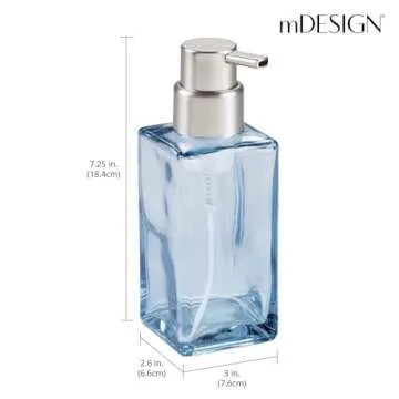 mDesign Modern Square Glass Refillable Foaming Hand Soap Dispenser Pump Bottle for Bathroom Vanities or Kitchen Sink, Countertops - Navy Blue/Brushed