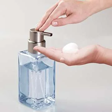 mDesign Modern Square Glass Refillable Foaming Hand Soap Dispenser Pump Bottle for Bathroom Vanities or Kitchen Sink, Countertops - Navy Blue/Brushed