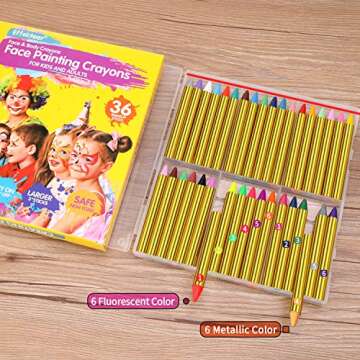 Face Paint Crayons for Kids, 36 Makeup Sticks & 36 Stencils, Professtional Face Painting kit for Halloween or Birthday Party, 6 Fluorescent, 6 Metallic & 24 Classic Colors, Safe for Sensitive Skin