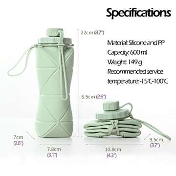 1st Heaven Collapsible Water Bottle, Silicone Foldable Water Bottles For Travel, Easy-To-Carry Design And Compact Size, BPA Free, 20 oz (Green)