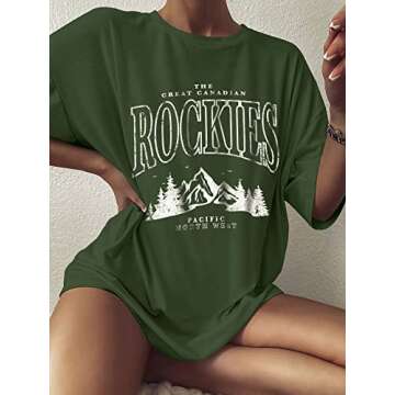 Great Canadian Rockies Shirt Women Rocky Mountains Short Sleeve Oversized Tee Y2k Graphic Round Neck Casual Top A-Green