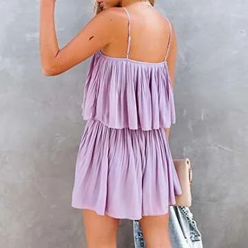 EXLURA Womens Spaghetti Strap Pleated Short Jumpsuit Sleeveless Flowy Playsuit Rompers