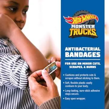 Hot Wheels Monster Trucks Antibacterial Kids Bandages, 3 Assorted Sizes 100 CT | Wear Like Stickers, Flexible Adhesive Bandages for Minor Cuts, Scrapes, and Burns. Great Gift idea for Kids