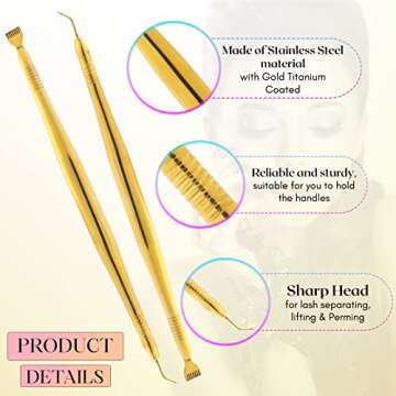 Pro Eyelash Lift Perm Tool Lash Separator Tint Tool Stainless Steel Eyelash Separator Lash Lift Rods with Separating Comb for Eyelash Eyebrow Perming Tinting Curling Extensions Supplies (Gold)