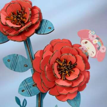 Hands Craft Hello Kitty and Friends My Melody Red Camellia 3D Wooden Puzzle Kit | DIY Flower Model | Arts & Crafts for Adults & Kids | Creative Hobby Kits | Wood Building Set | Unique Gift