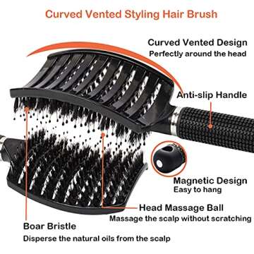 Elfirly Boar Bristle Curved Vented Hair Brush, Men Women and Barber Hairdressing Styling Brush, No More Tangle Hair Comb for Blowing Long Thick Thin Curly Wet and Dry Hair