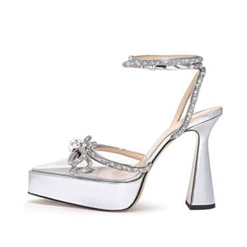 Arqa Women's Rhinestone Bow Platforms,Diamond Ankle Strap Pumps Chunky Heel Wedding Slingback Silver...