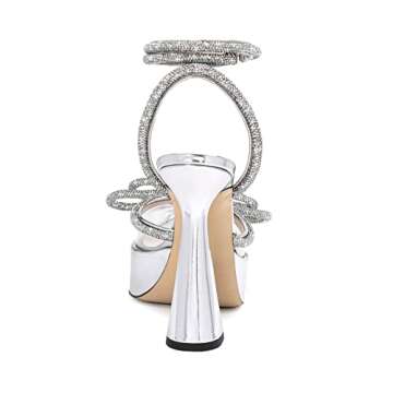 Arqa Women's Rhinestone Bow Platforms,Diamond Ankle Strap Pumps Chunky Heel Wedding Slingback Silver Size 6