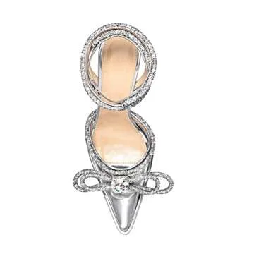 Arqa Women's Rhinestone Bow Platforms,Diamond Ankle Strap Pumps Chunky Heel Wedding Slingback Silver Size 6