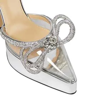 Arqa Women's Rhinestone Bow Platforms,Diamond Ankle Strap Pumps Chunky Heel Wedding Slingback Silver Size 6