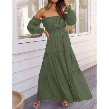 ZESICA Women's 2025 Boho Sexy Off Shoulder Long Sleeve Smocked High Waist Side Split Flowy A Line Tiered Long Maxi Dress,Olive,Small
