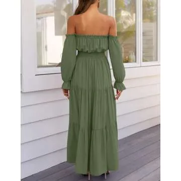 ZESICA Women's 2025 Boho Sexy Off Shoulder Long Sleeve Smocked High Waist Side Split Flowy A Line Tiered Long Maxi Dress,Olive,Small
