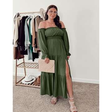 ZESICA Women's 2025 Boho Sexy Off Shoulder Long Sleeve Smocked High Waist Side Split Flowy A Line Tiered Long Maxi Dress,Olive,Small