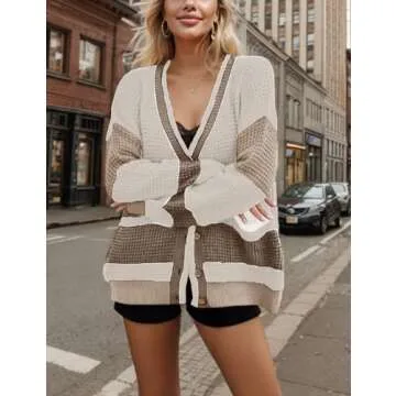 IQSQSQ Womens Button Down Cardigan Sweaters Long Sleeve V Neck Knit Tops with Pockets(Khaki-M)