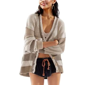 IQSQSQ Womens Button Down Cardigan Sweaters Long Sleeve V Neck Knit Tops with Pockets(Khaki-M)